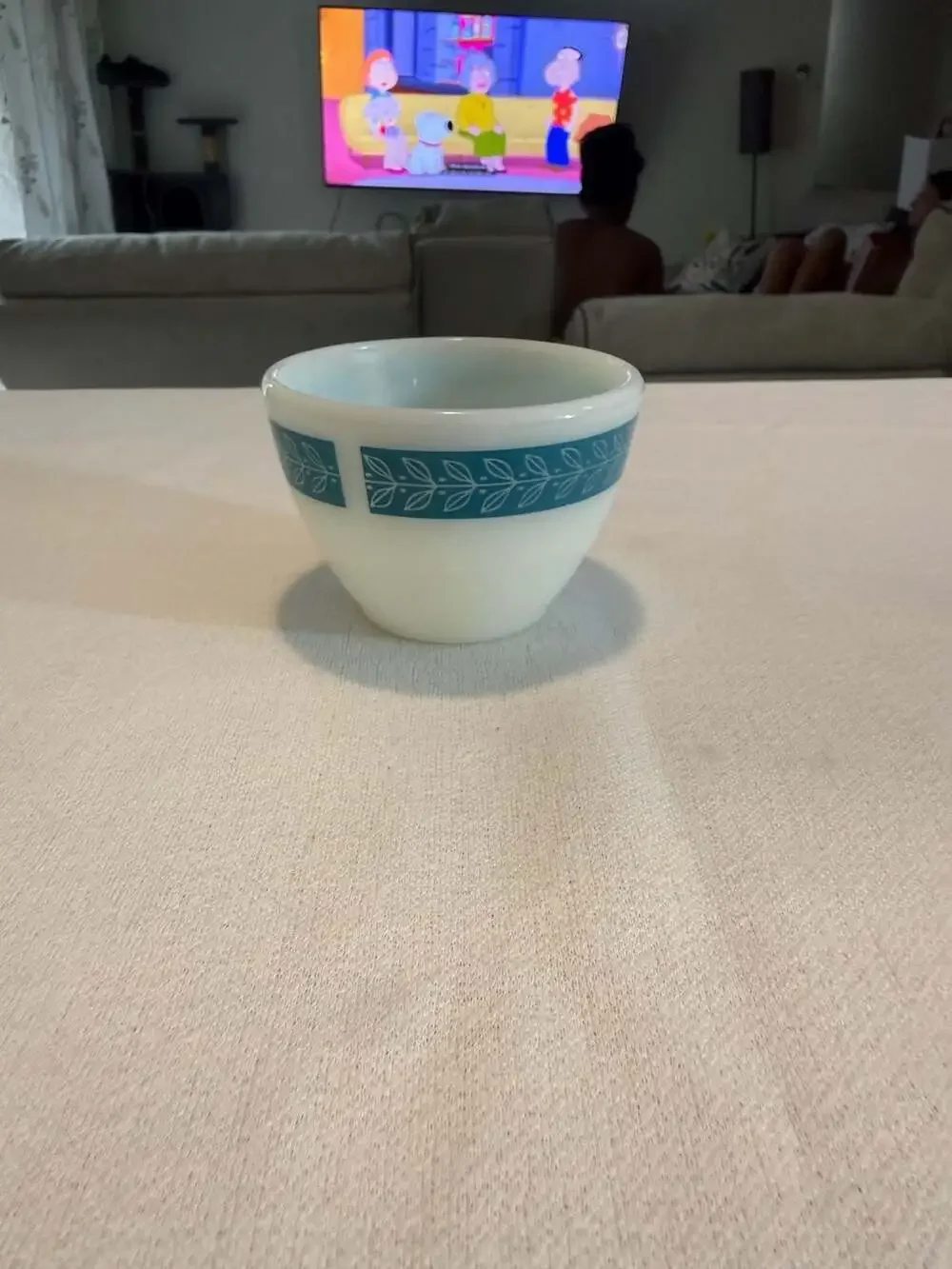 Vintage Pyrex Tableware Milk Glass Individual Bowl with Teal Laurel Leaf Pattern